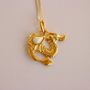 Gold Amber Chinese Dragon Pendant Necklace - Sterling Silver